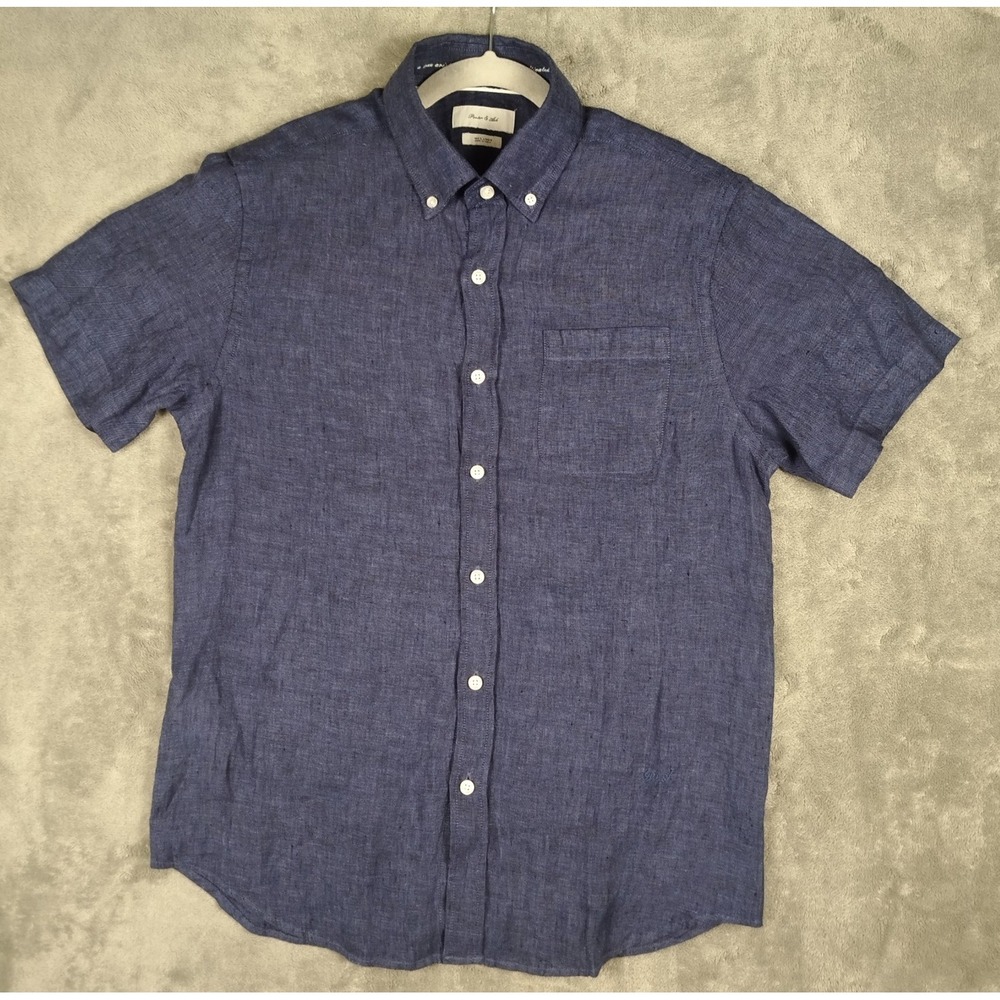 Porter and Ash Linen Button Blue Navy Shirt Mens Small Short‎ Sleeve Preppy
